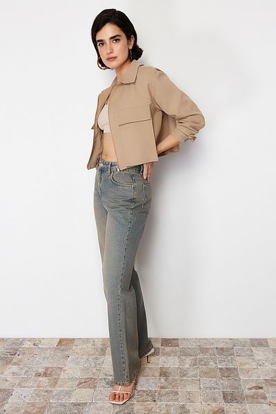 Trendyol Collection Detailní norková kapsa na zip Crop Woven Jacket TWOSS24CE00031