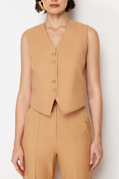 Trendyol Collection Camel Regular Premium Button Detailed Woven Linen Look Vest TWOSS24YE00031