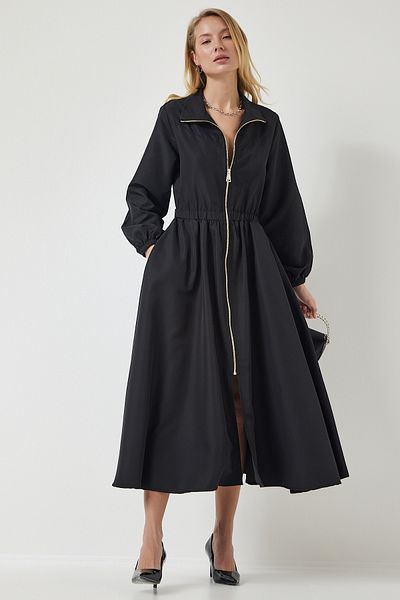 Happiness İstanbul Women's Black Zippered Seasonal Woven Dress Trench Coat DD01298