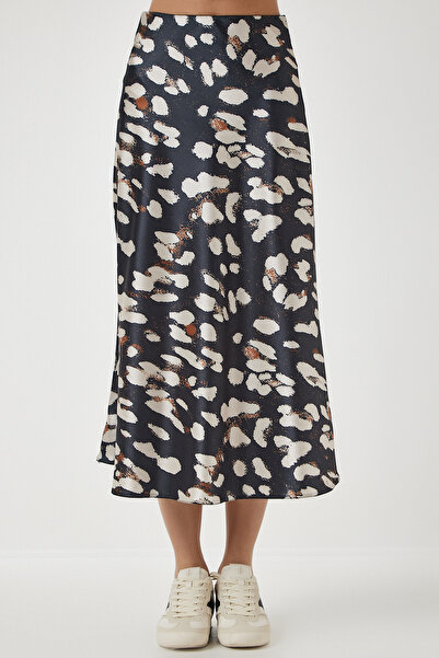 Happiness İstanbul Antracytowa, wzorzysta, satynowa spódnica damska DD01142