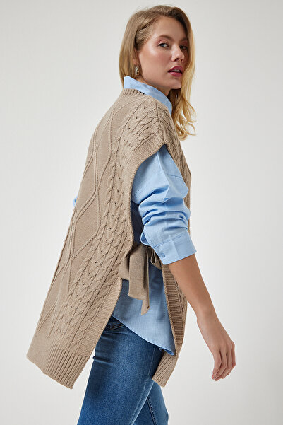 Happiness İstanbul Béžový pletený svetr s detailním oversize kravatou YG00104