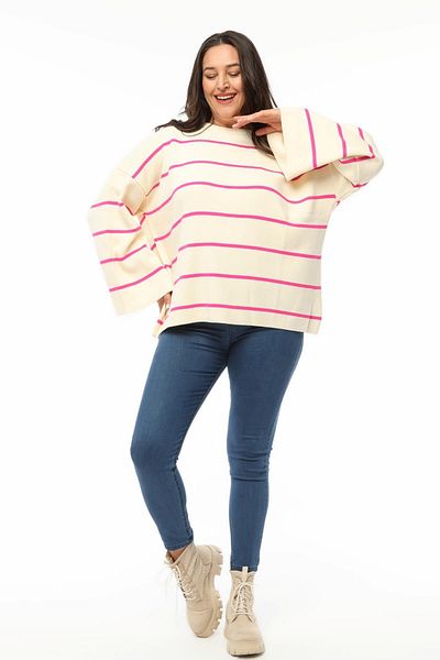 Ebsumu Women's Plus Size Striped Loose Pink Knitwear