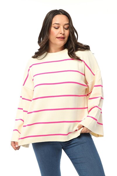 Ebsumu Women's Plus Size Striped Loose Pink Knitwear