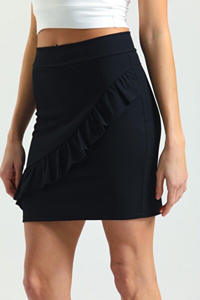 Elia Moda Fusta mini cu volan din crepon tricotat negru