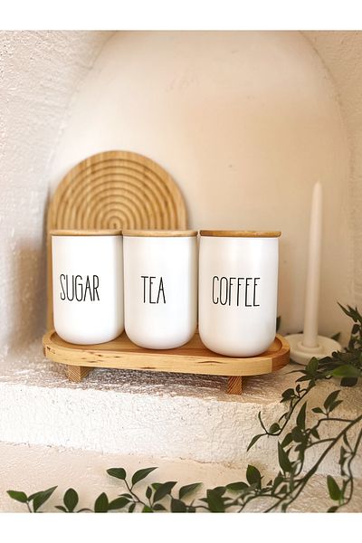 KaiHome 3-Piece Bamboo Lid Wooden Base Tea/Coffee/Candy Jar