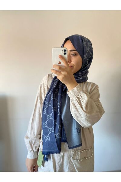FEZSCARF G DESEN YÜN İPEK ŞAL-MAVİ