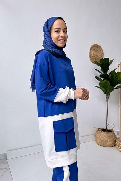 Ka Hijab Double Color Striped 2-Piece Hijab Set - Sax Blue