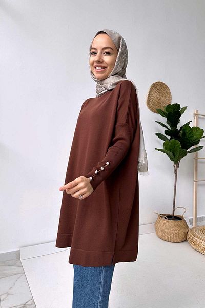 Ka Hijab Λεπτομέρεια μανίκι Mercerized Tunic - Καφέ