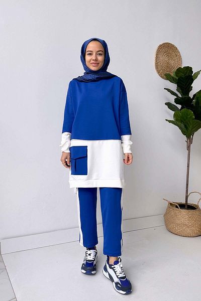 Ka Hijab Double Color Striped 2-Piece Hijab Set - Sax Blue