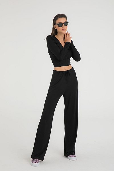 SHEISMONO Pantaloni negri ultra moi cu șireturi