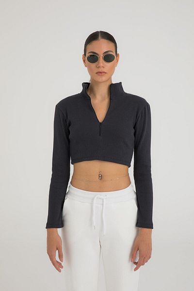 SHEISMONO Φερμουάρ Λεπτομερής Ribbed Crop Top Καπνιστή