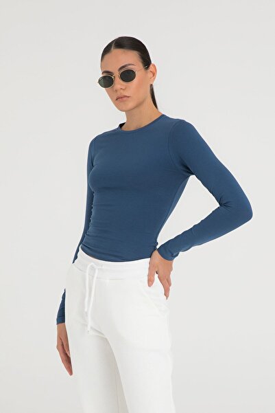 SHEISMONO Cotton Yuvarlak Yaka Bluz Indigo