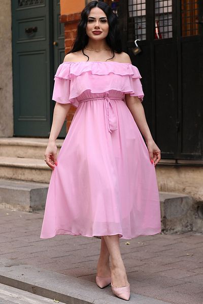 zks grup tekstil Ροζ φόρεμα σιφόν με βολάν Madonna