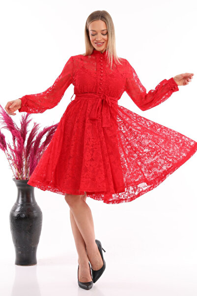 zks grup tekstil Red French Guipure Button Plus Size Evening Dress