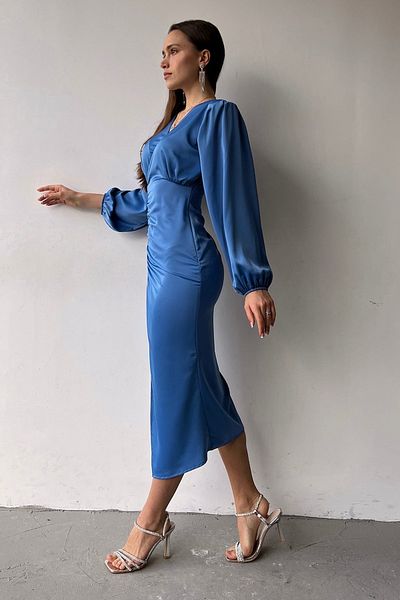 zks grup tekstil Γυναικείο φόρεμα Indigo Satin Draped Slit Λεπτομερές μανίκι με μπαλόνι σε μεγάλο μέγεθος