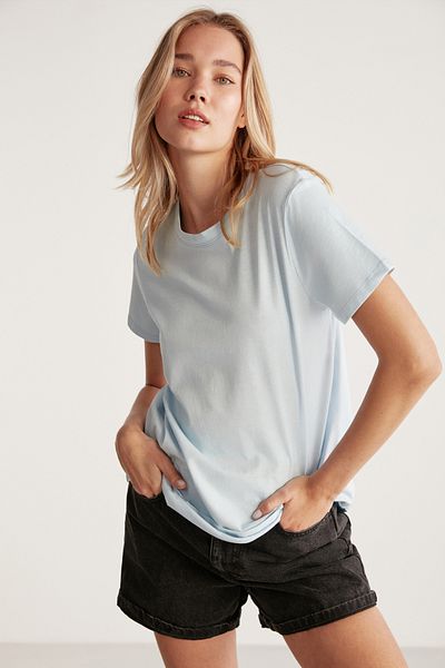GRIMELANGE Samantha Women - 100% οργανικό βαμβάκι, Comfort Fit μακριά πλάτη, γαλάζιο πλεκτό μπλουζάκι