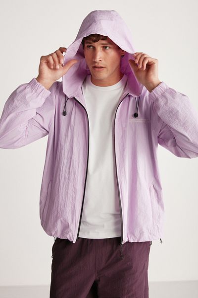GRIMELANGE Anderson Men's Parachute Fabric, Water-Repellent Lined Lilac Raincoat with Pockets and Front Zipper