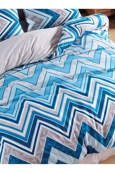 Sey Design Set de lenjerie de pat dublă cu model geometric albastru în zig-zag Cearșaf de pat Culoare uni gri