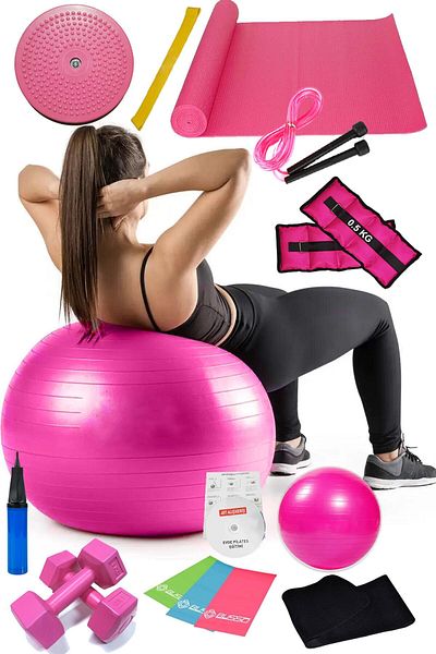 Jet 15 Piece Pilates Set Ball Pilates Band Dumbbell Mat Jump Rope Twister Aerobic Belt Weight Pink