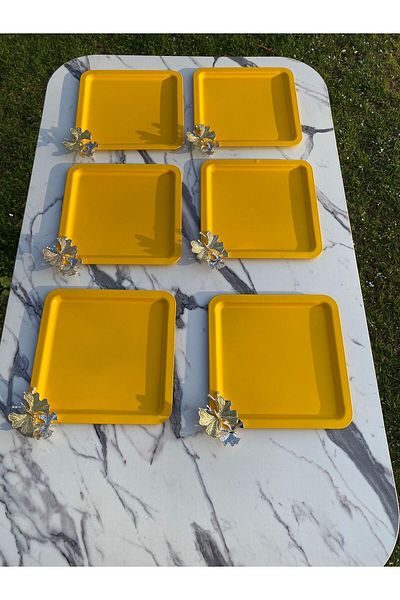 Aslı Hediyelik Luxury Butterfly Accessory Stainless Steel Yellow Square 6-Piece Coffee, Tea, Decorative Presentation Serving Tray