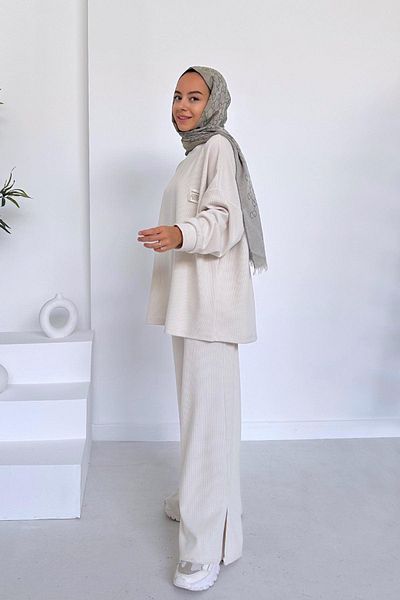 Ka Hijab Side Slit Corded Sports Hijab Set - Stone