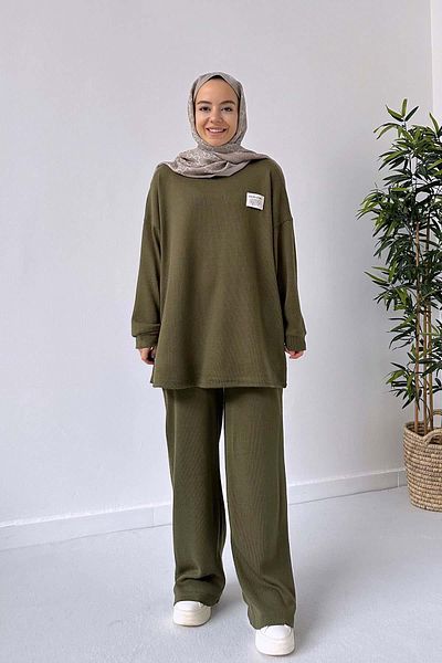 Ka Hijab Wide Leg Knitwear Hijab Set - Khaki