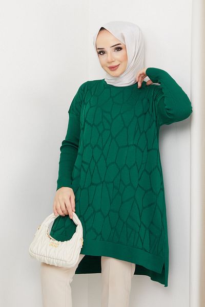 Pamuk Butik Tricotaj cu model pânză de păianjen mercerizată pentru femei, pulover, tunică, verde smarald