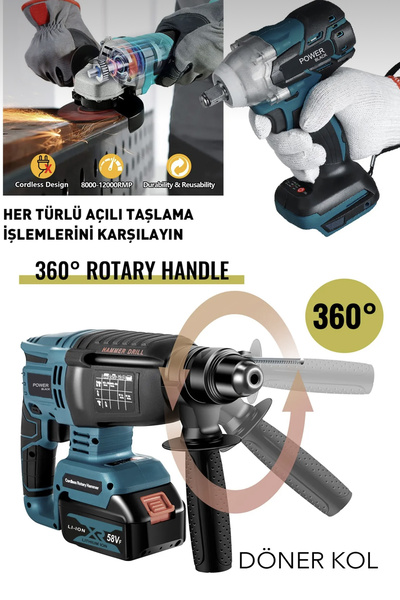 POWER BLACK Profesyonel 4'lü Set 2-26 Şarjlı Hilti-şarjlı Taşlama-13mm Şarjlı Darbeli Matkap-