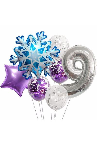 Parti Station Frozen Elsa Winter Concept - Age 9 Balloon Set, Snowflake Patterned Snowflake