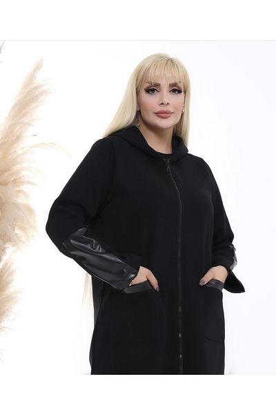Butik Ayseba Women's Black Leather Detailed Three Thread Fleece Large Size Hooded Coat