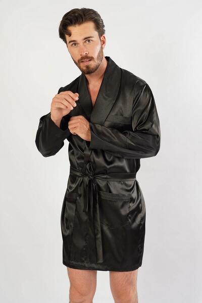 C&City Men's Satin Dressing Gown Black