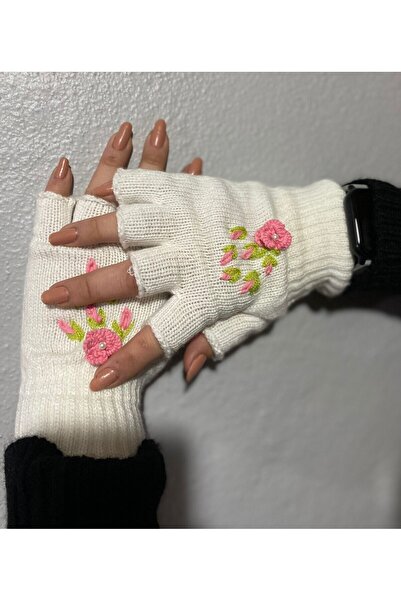 sema aksesuar Handmade Ecru Flower Embroidered Finger Cut Gloves - Fingerless Gloves - Gift Valentine's Day