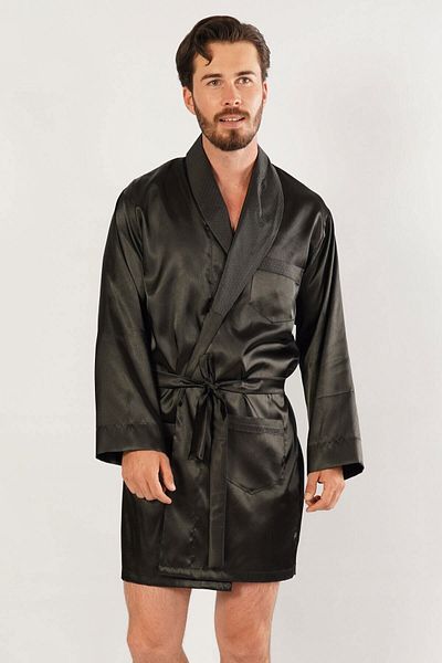 C&City Herren-Morgenmantel aus Satin in Schwarz