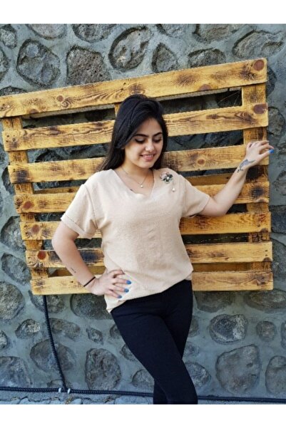 FERGAN بلوزة نسائية بأكمام قصيرة بلون الجمل