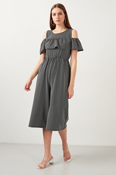 Lela Kadın Siyah Çizgili Bisiklet Yaka Omuz Detaylı Cepli Tulum 5863143