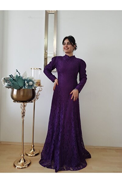 FERGAN Kadın Mürdüm Güpürlü Tesettür Abiye Elbise