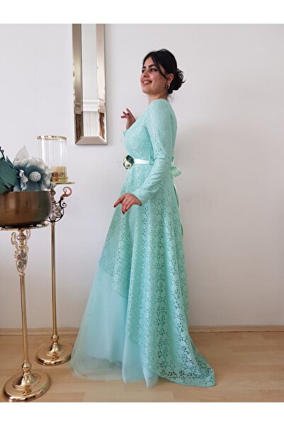FERGAN Kadın Su Yeşili Şifon Tesettür Abiye Elbise