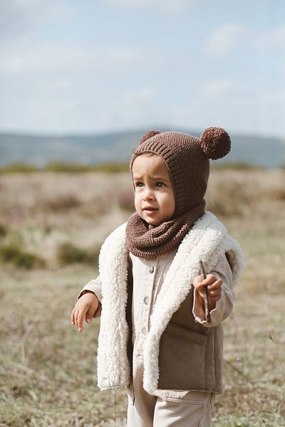 DERY BABY Pompom Bonnet Beret and Neck Collar Set-Brown