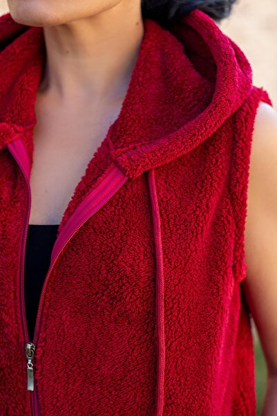 Azıcık Akıllı Γυναικείο κόκκινο βελούδινο μαλακό γιλέκο με φερμουάρ με κουκούλα 22kylkpelo