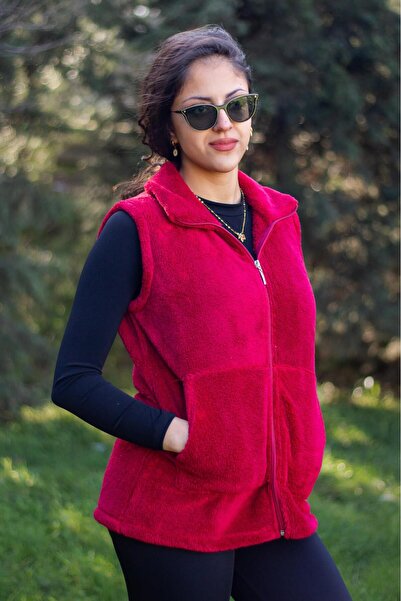 Azıcık Akıllı Women's Burgundy Red Stand Collar Thick Plush Zippered Vest 24KYLKK215