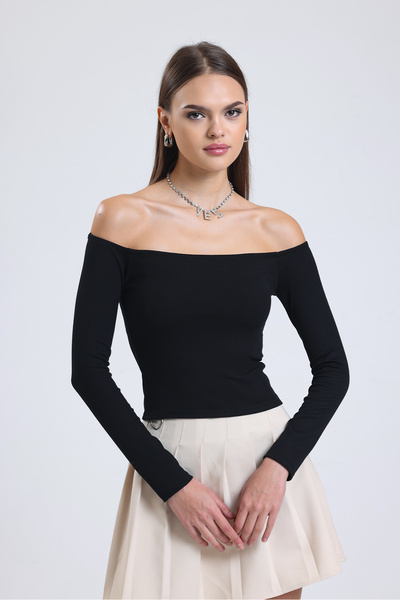 HMY Off Shoulder Ribbed Long Sleeve Blouse