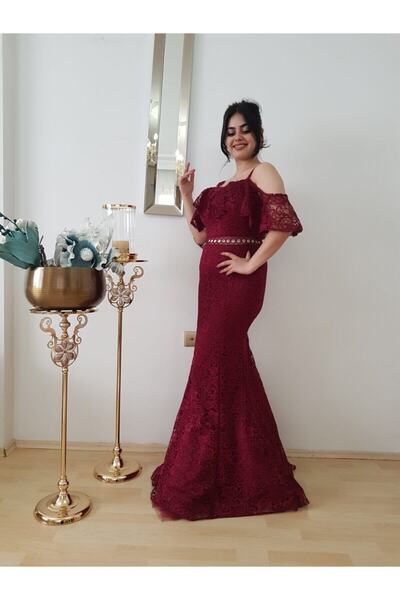 FERGAN Women's Burgundy Guipure Waist Transparent Strap Fish Evening Dress