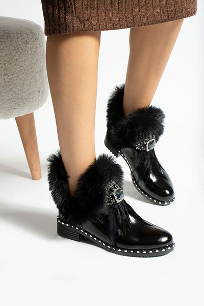 MİRADA SCARPA Women's Black Patent Leather Short Sheepskin Stone Buckle Boots