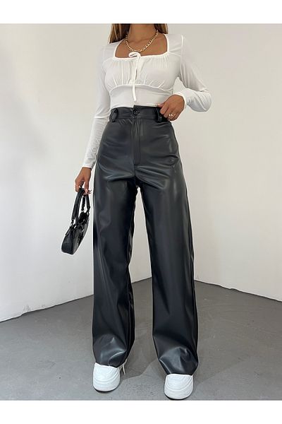 Fav Style Pantaloni de damă Palazzo din piele neagră cu talie înaltă