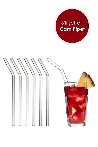 Karçiçeği Home 7 Piece Clear Glass Curved Straws And Cleaning Brush Set Cocktail Serving Straws Washable