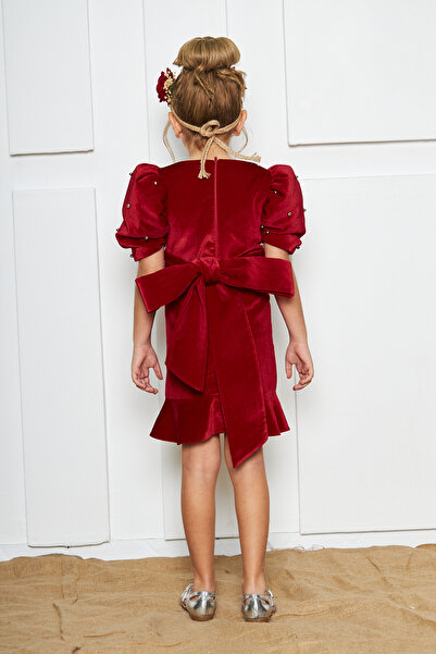 zühre balaban Kadife Çakma Incili Karpuz Kollu Kız Çocuk Kısa Abiye Elbise