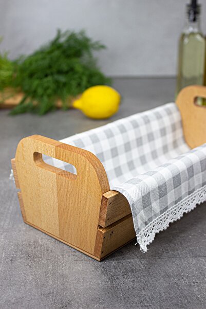 KukiWood Wooden Bread Bin & Bread Box Basket – Rustic Bread Box and Bread Basket with Gingham Cover