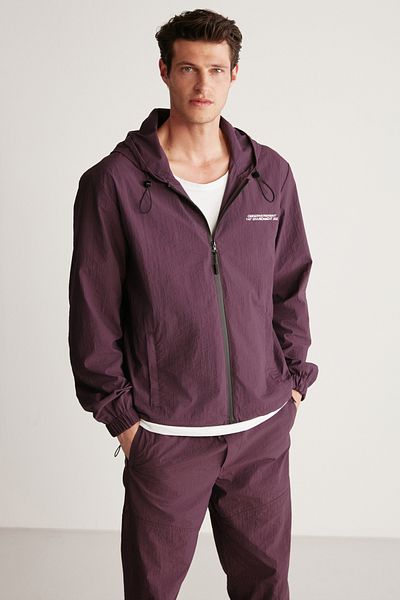 GRIMELANGE Anderson Men's Water Repellent Parachute Fabric Hooded Lined Regular Claret Red Raincoat