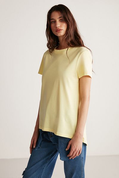 GRIMELANGE Samantha Women - 100% οργανικό βαμβάκι, ανοιχτό κίτρινο μπλουζάκι με μακριά πλάτη