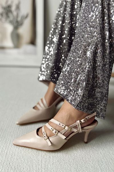 POLKA STORE Obsession Triple Pointed Toe Přezka se třemi pruhy Béžová Skin Ecru Nude Matná kůže Dámské boty na podpatku